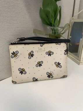 Coach Cream Bee Print Zip Wristlet with Black Trim